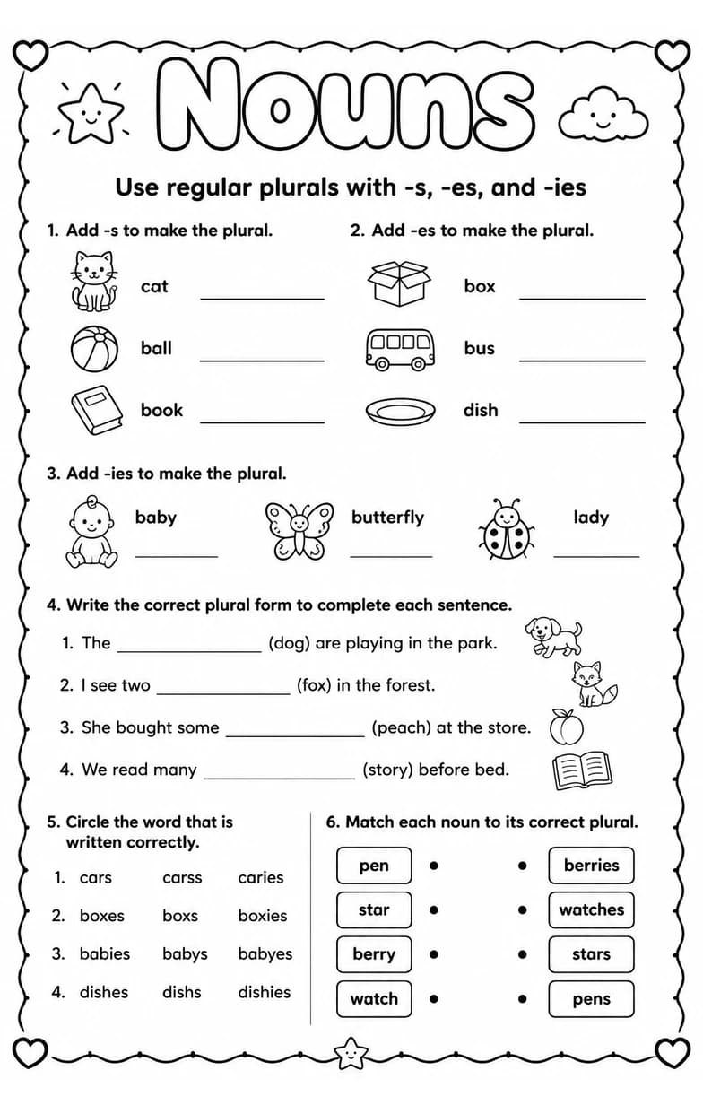 Use regular plurals with -s, -es, and -ies — free printable Grammar and mechanics English worksheet