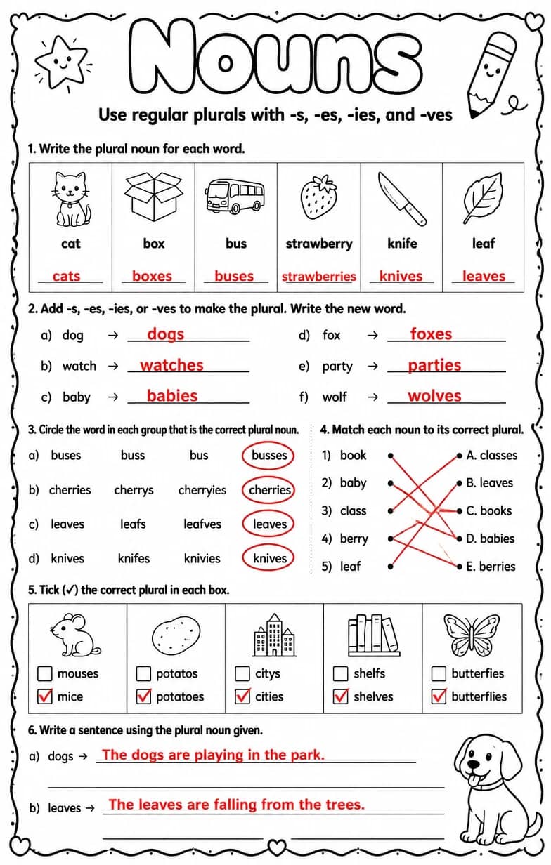 Answer key for Use regular plurals with -s, -es, -ies, and -ves — free printable English & Reading worksheet