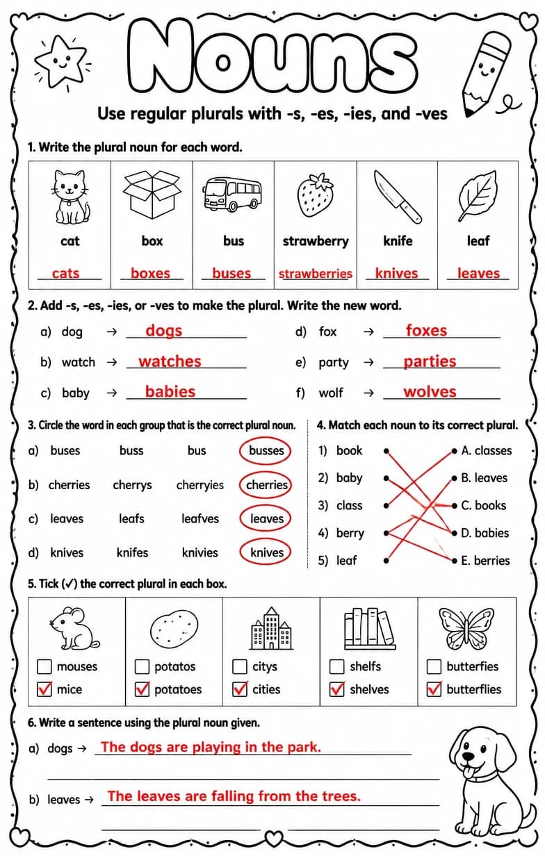 Answer key for Use regular plurals with -s, -es, -ies, and -ves — free printable English & Reading worksheet