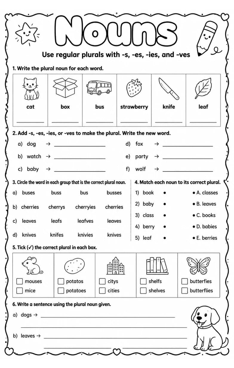 Use regular plurals with -s, -es, -ies, and -ves — free printable Grammar and mechanics English worksheet