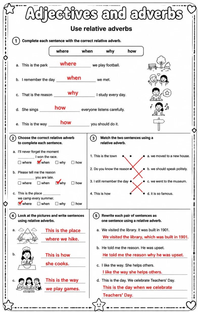 Answer key for Use relative adverbs — free printable English & Reading worksheet