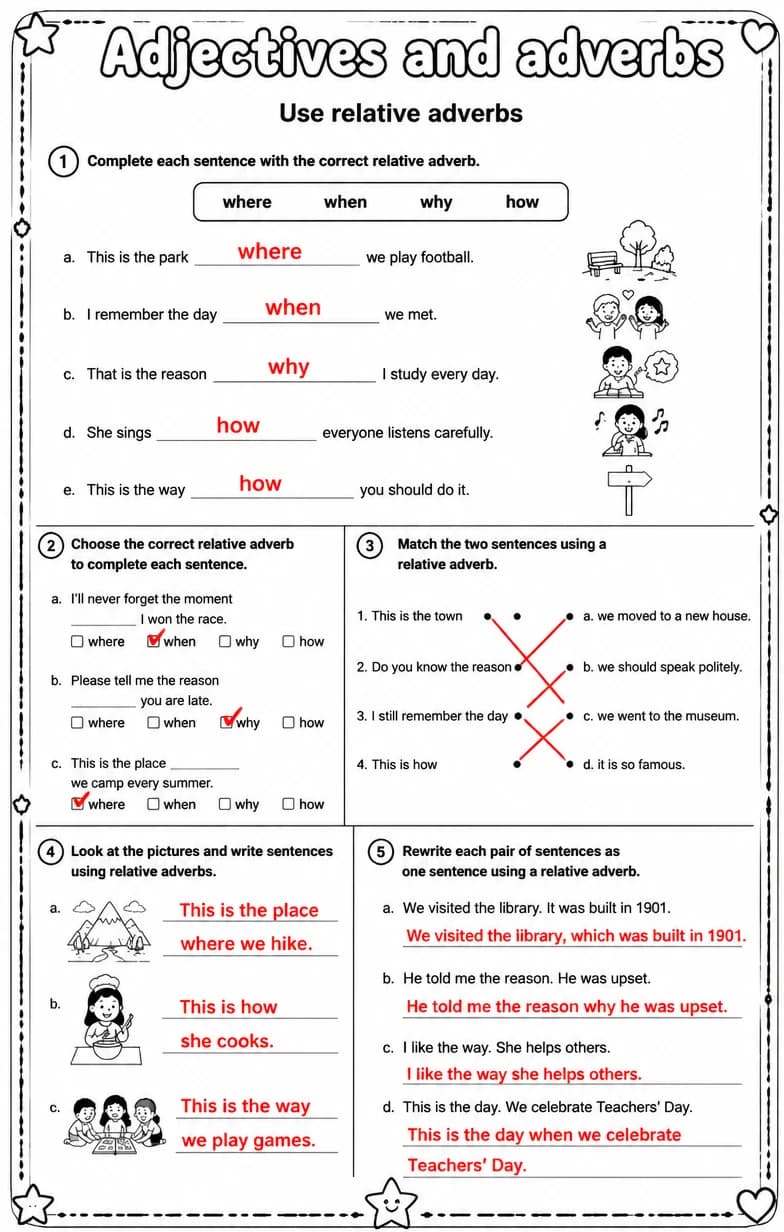 Answer key for Use relative adverbs — free printable English & Reading worksheet