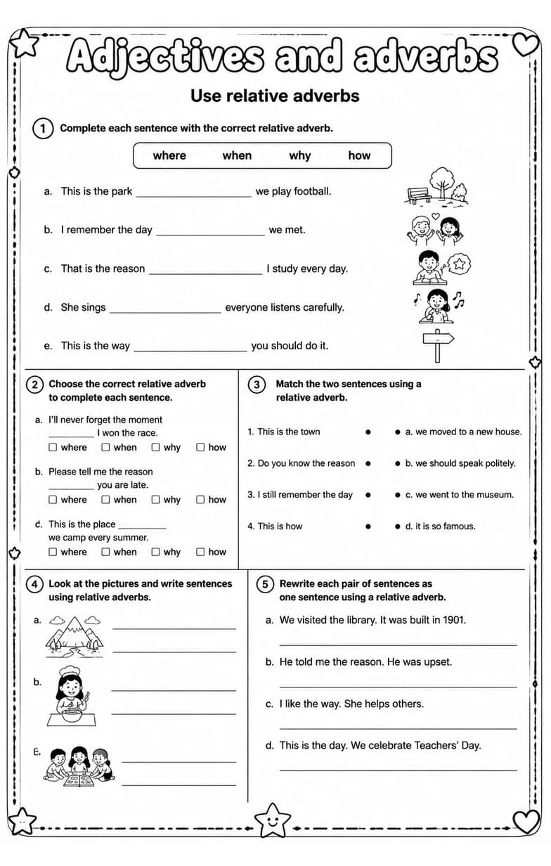 Use relative adverbs — free printable Grade 4 English & Reading worksheet