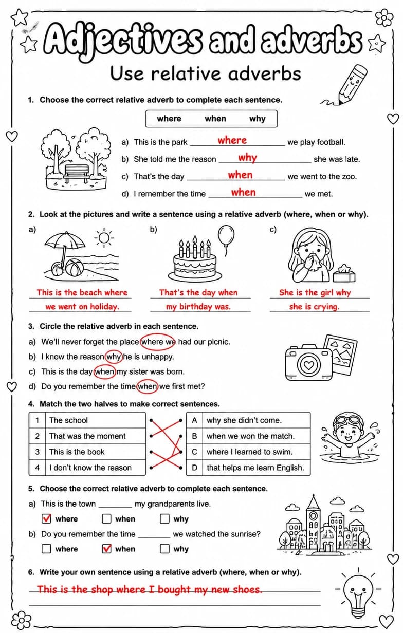 Answer key for Use relative adverbs — free printable English & Reading worksheet