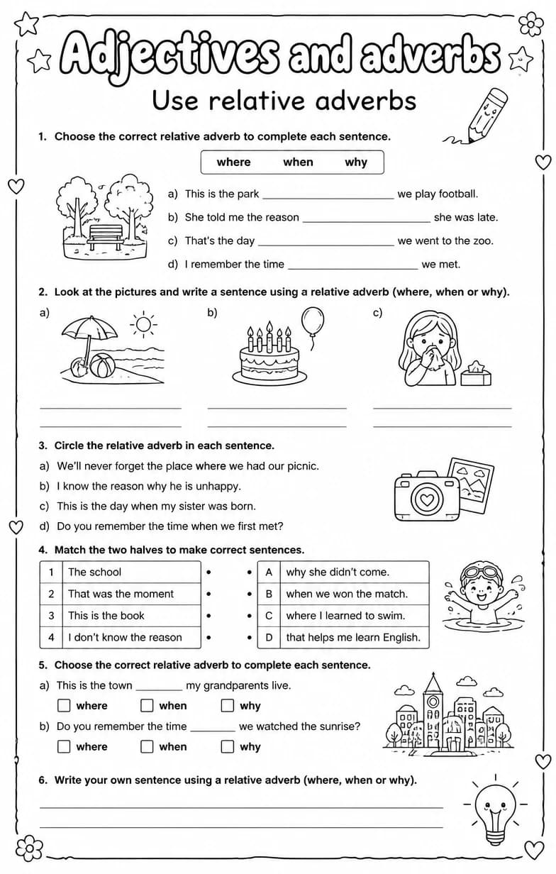 Use relative adverbs — free printable Grade 5 English & Reading worksheet