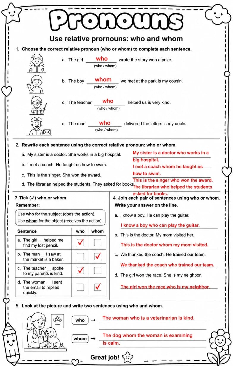Answer key for Use relative pronouns: who and whom — free printable English & Reading worksheet