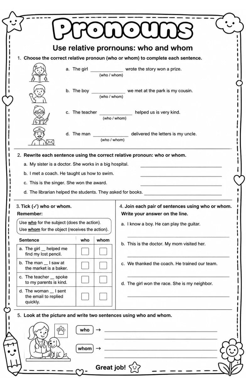 Use relative pronouns: who and whom — free printable Grammar and mechanics English worksheet