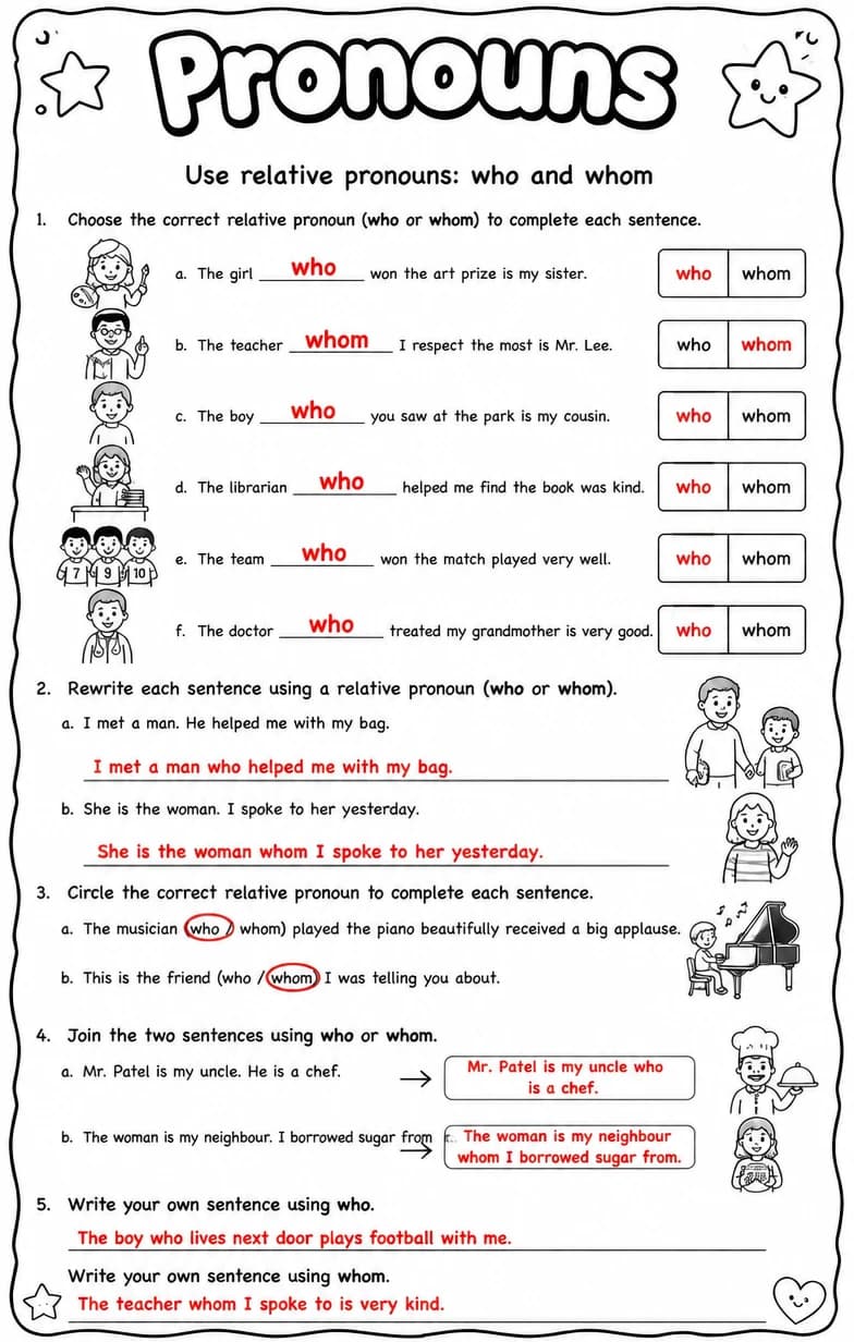 Answer key for Use relative pronouns: who and whom — free printable English & Reading worksheet