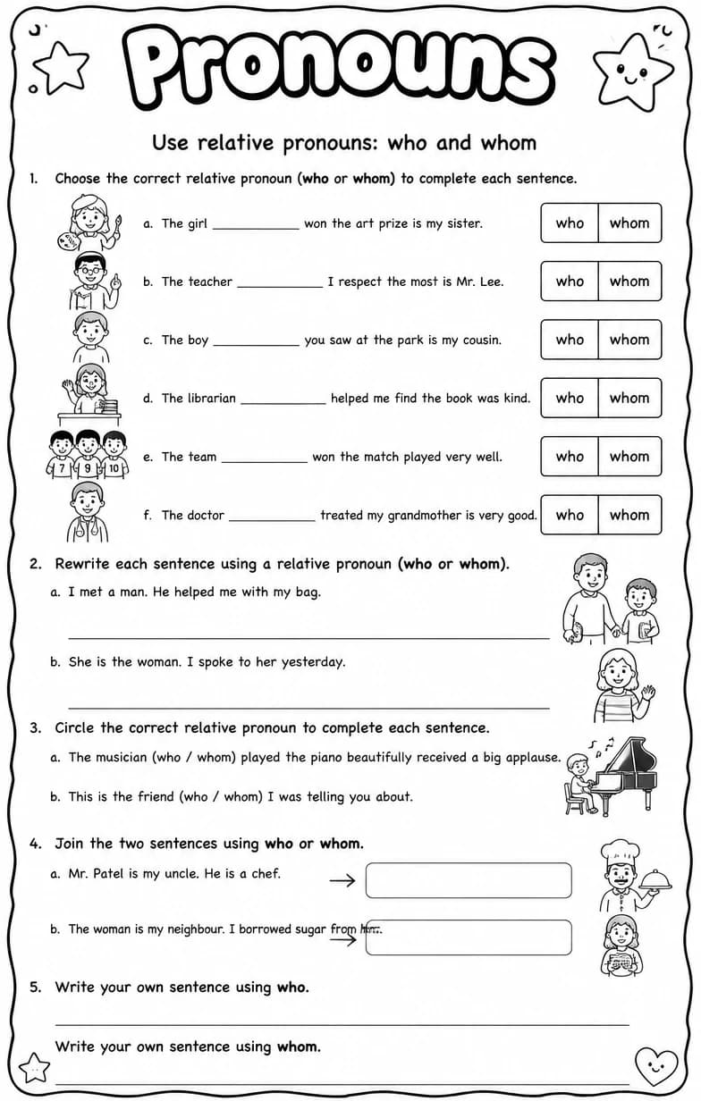 Use relative pronouns: who and whom — free printable Grade 5 English & Reading worksheet