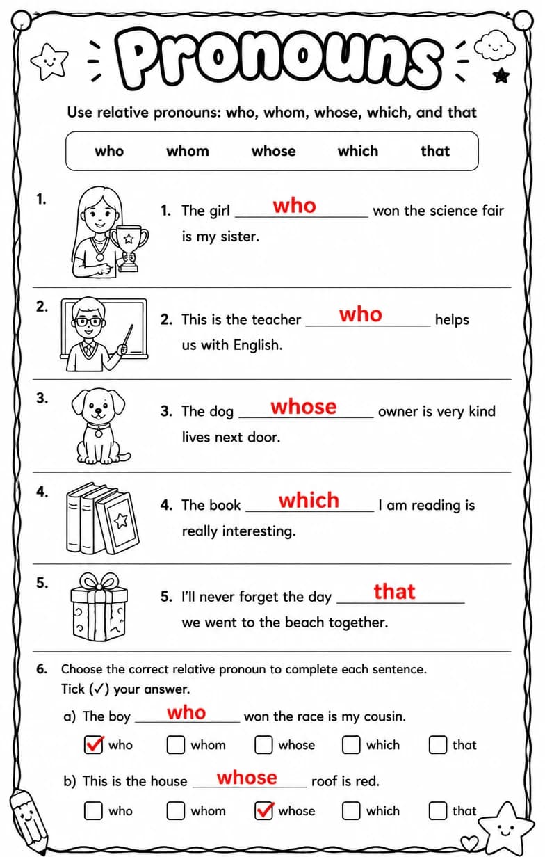 Answer key for Use relative pronouns: who, whom, whose, which, and that — free printable English & Reading worksheet