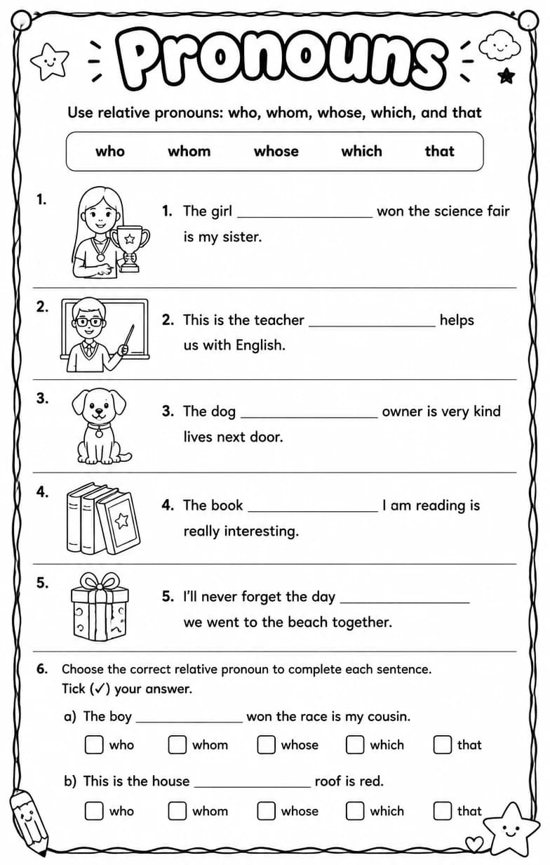 Use relative pronouns: who, whom, whose, which, and that