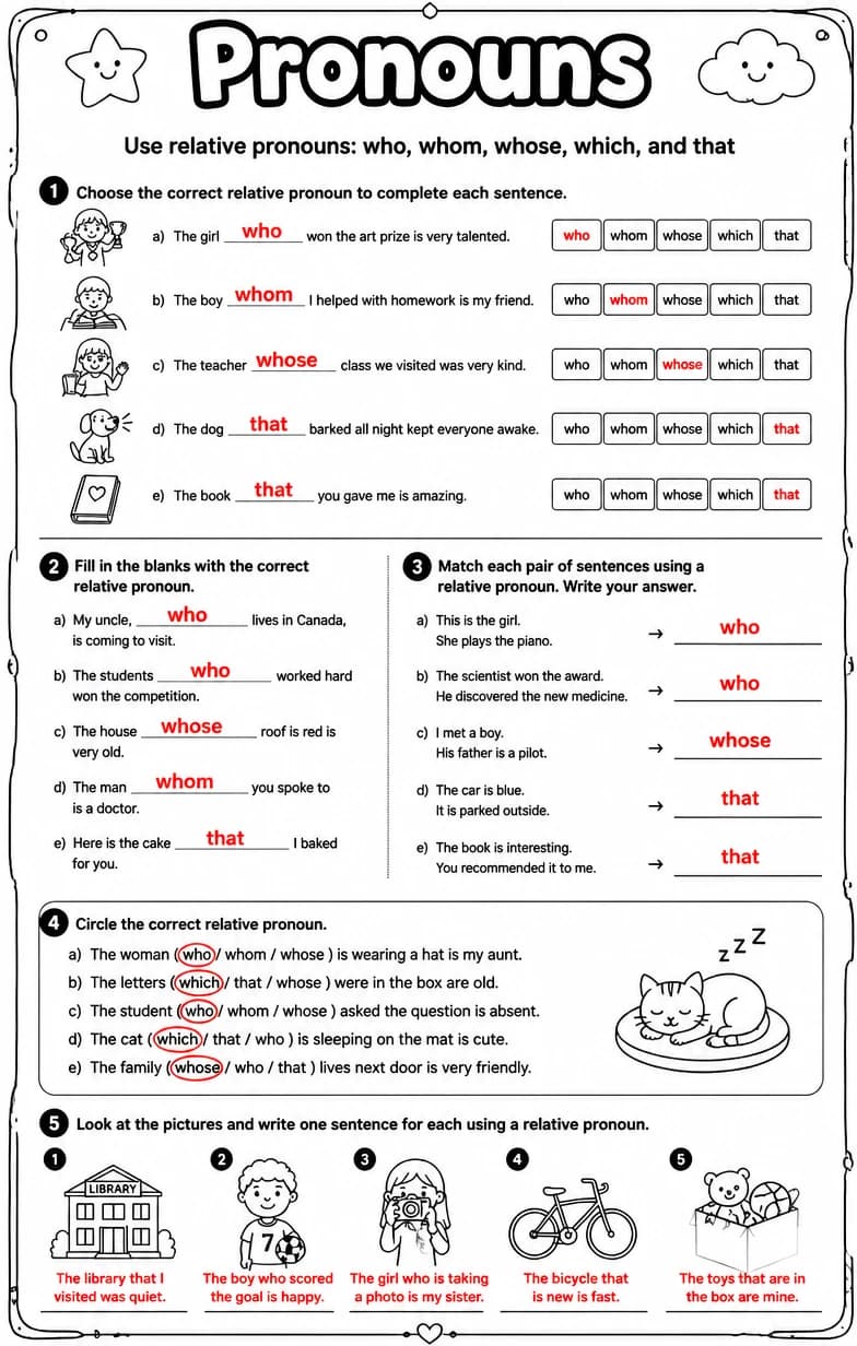 Answer key for Use relative pronouns: who, whom, whose, which, and that — free printable English & Reading worksheet