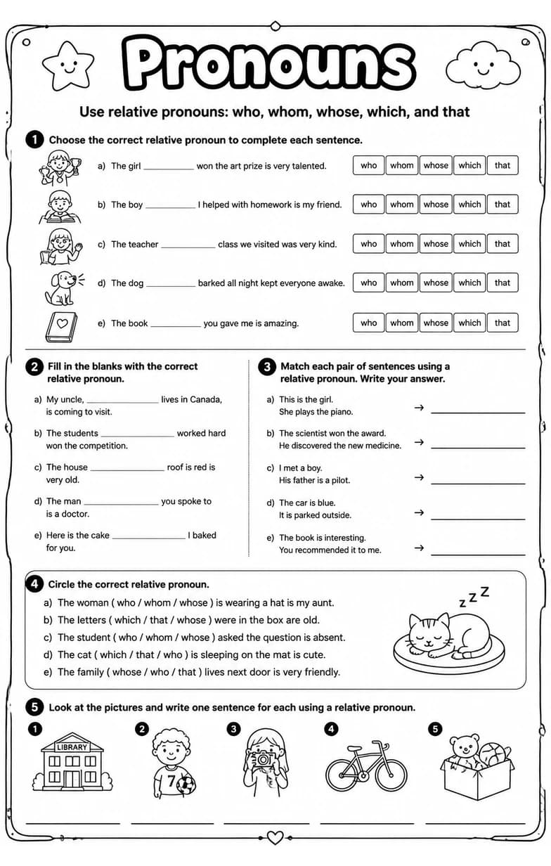 Use relative pronouns: who, whom, whose, which, and that — free printable Grade 4 English & Reading worksheet