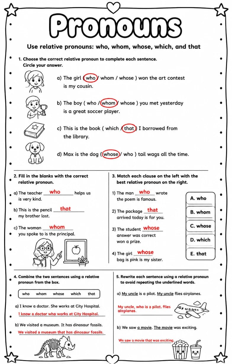 Answer key for Use relative pronouns: who, whom, whose, which, and that — free printable English & Reading worksheet