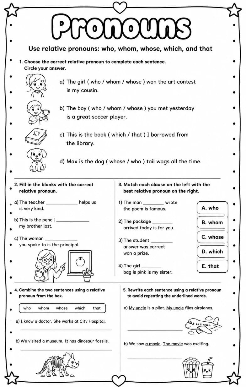 Use relative pronouns: who, whom, whose, which, and that