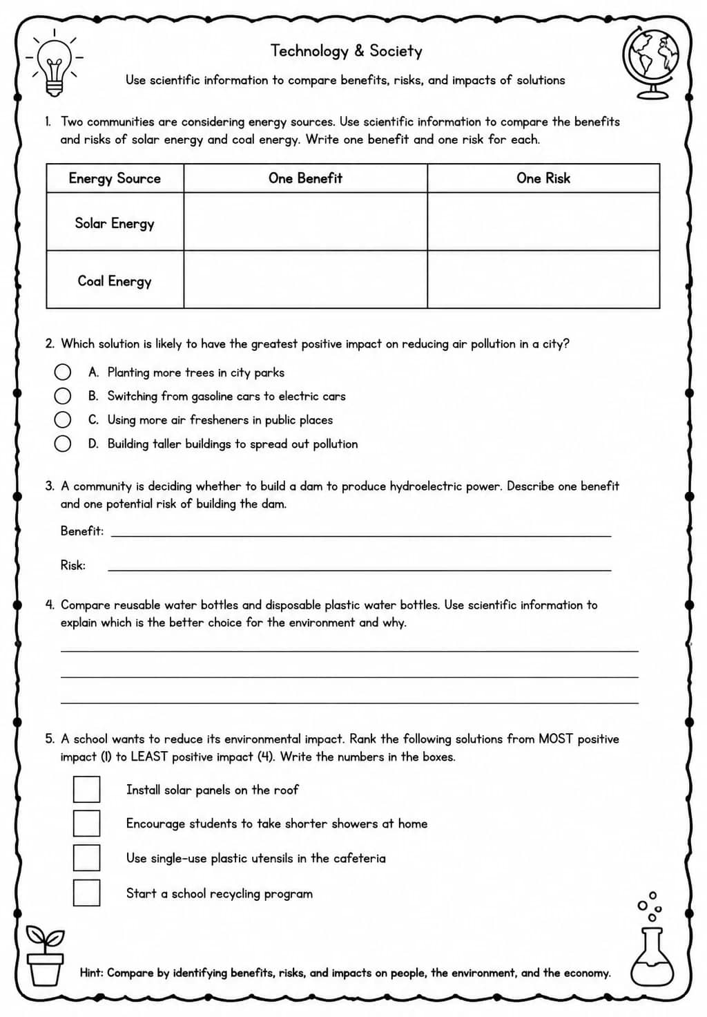 Use scientific information to compare benefits, risks, and impacts of solutions — free printable High School Science worksheet