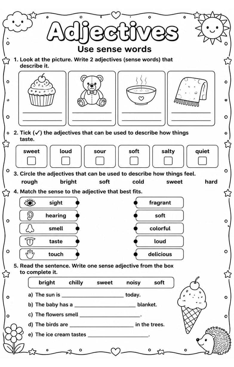 Use sense words — free printable Grade 1 English & Reading worksheet