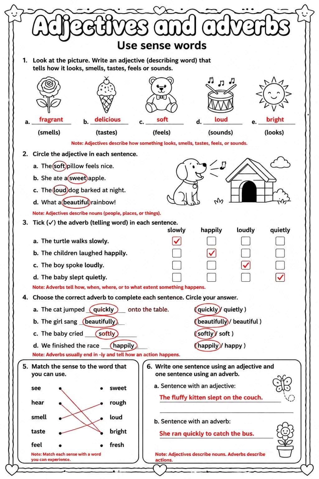 Answer key for Use sense words — free printable English & Reading worksheet