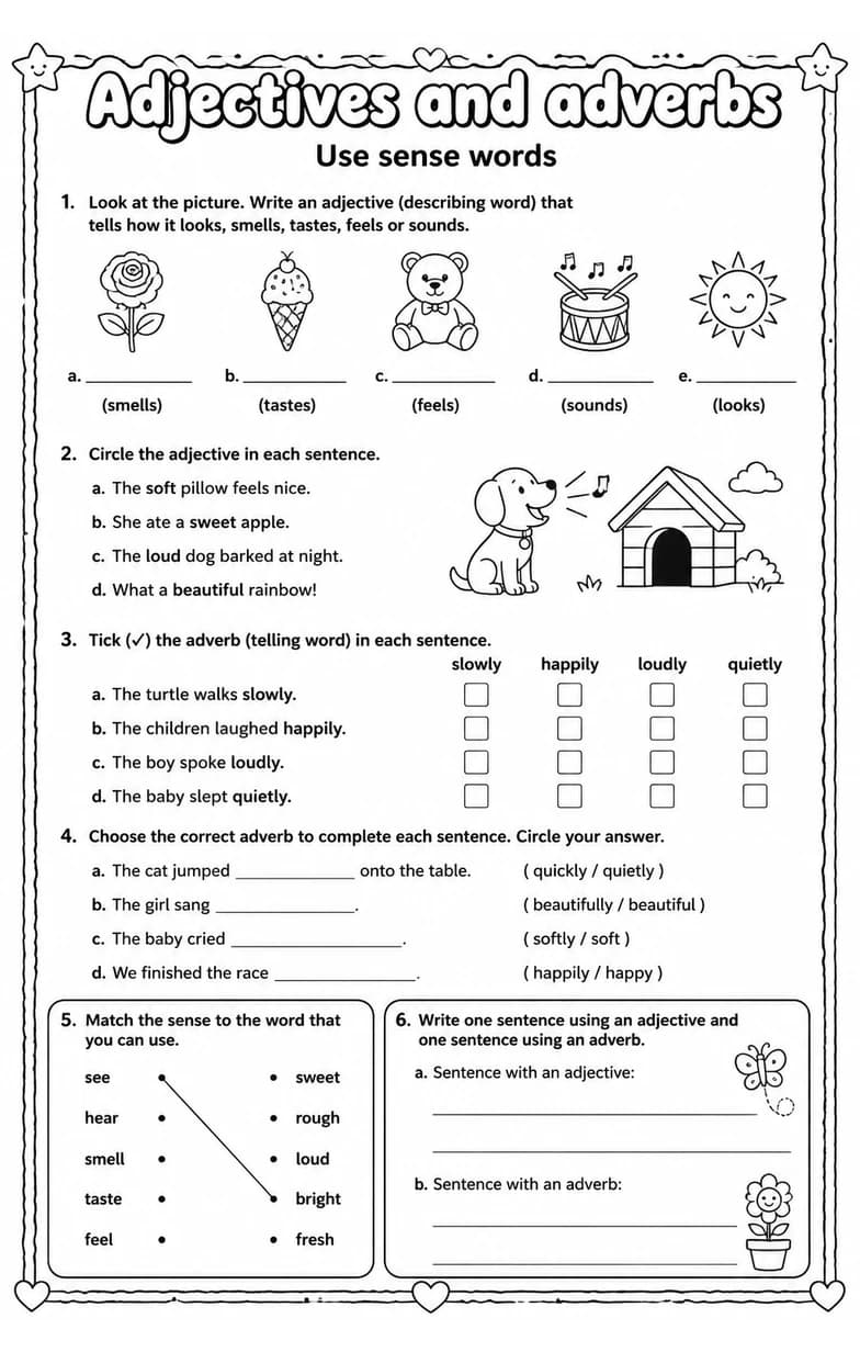 Use sense words — free printable Grade 2 English & Reading worksheet