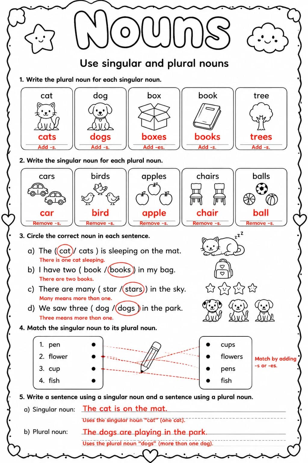 Answer key for Use singular and plural nouns — free printable English & Reading worksheet