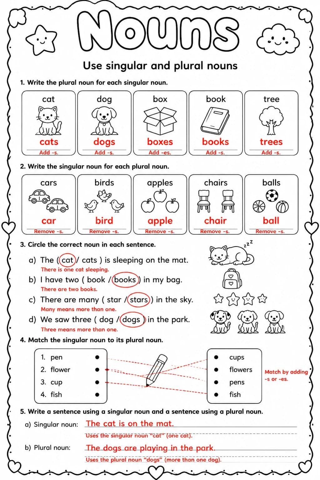 Answer key for Use singular and plural nouns — free printable English & Reading worksheet