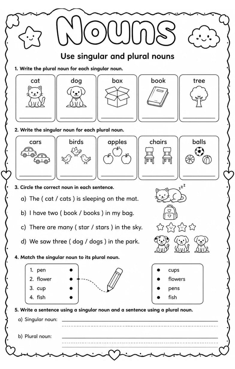 Use singular and plural nouns — free printable Grammar and mechanics English worksheet