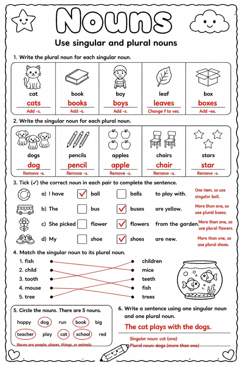 Answer key for Use singular and plural nouns — free printable English & Reading worksheet