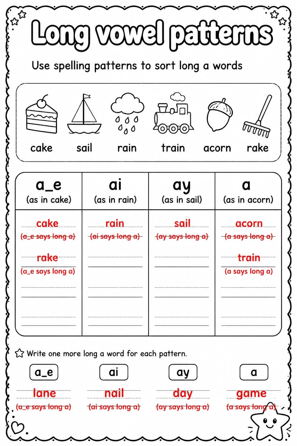 Answer key for Use spelling patterns to sort long a words — free printable English & Reading worksheet