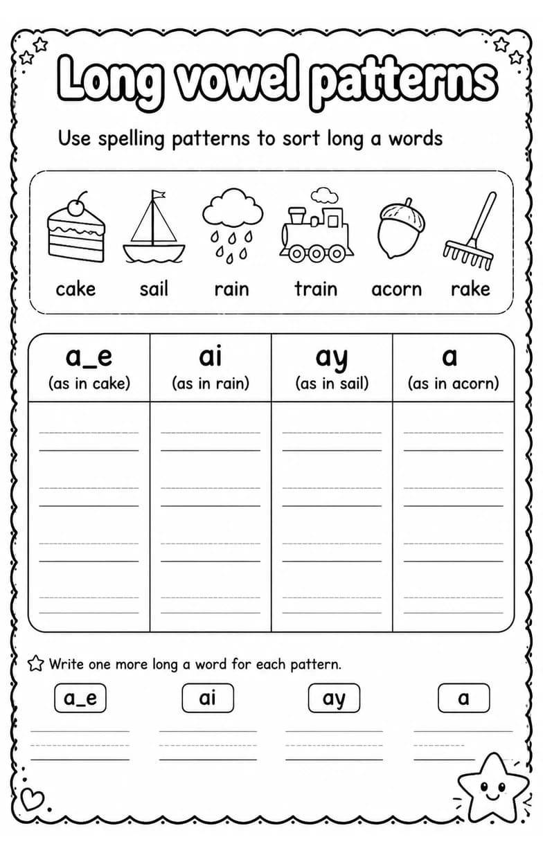 Use spelling patterns to sort long a words — free printable Reading foundations English worksheet