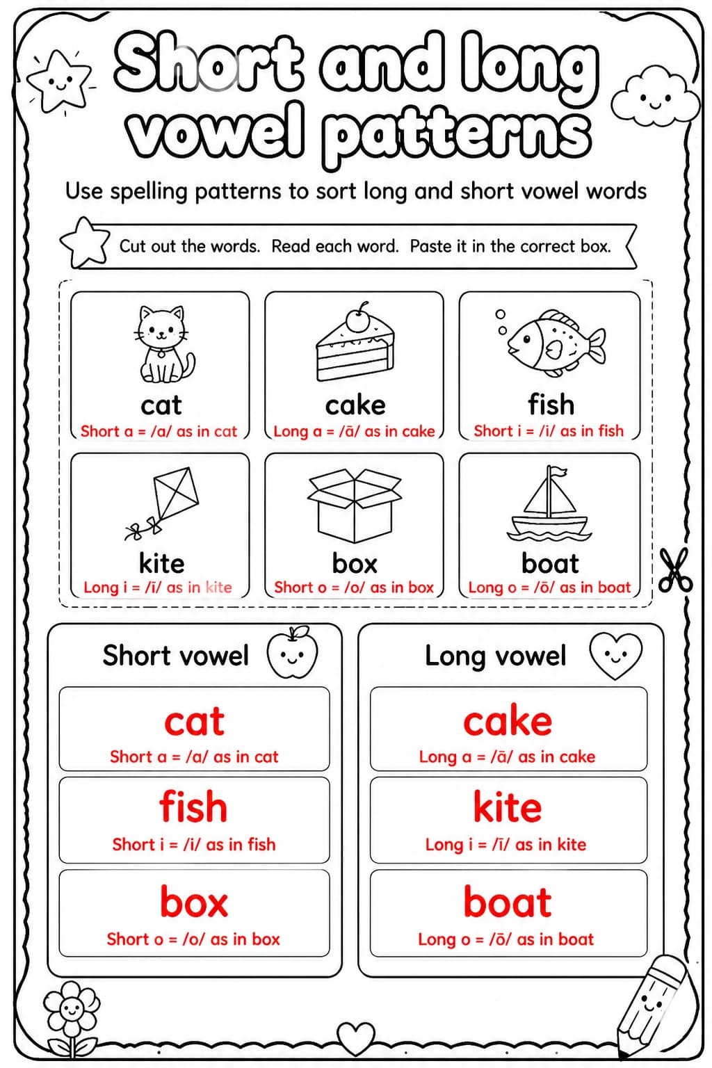 Answer key for Use spelling patterns to sort long and short vowel words — free printable English & Reading worksheet