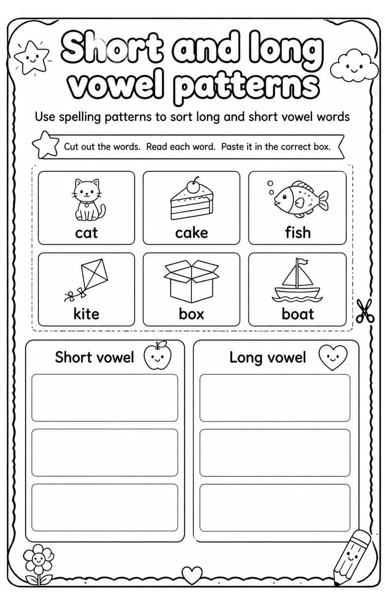 Use spelling patterns to sort long and short vowel words — free printable Grade 1 English & Reading worksheet