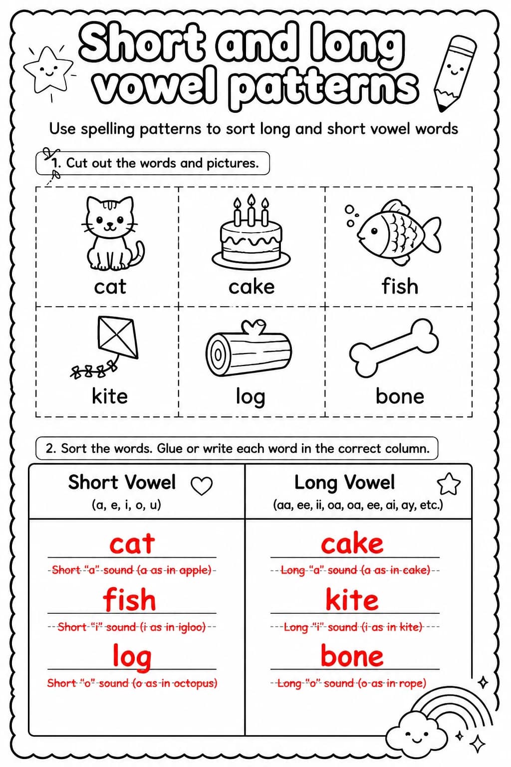 Answer key for Use spelling patterns to sort long and short vowel words — free printable English & Reading worksheet