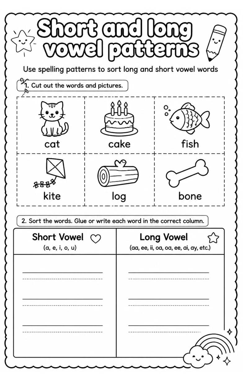 Use spelling patterns to sort long and short vowel words — free printable Reading foundations English worksheet