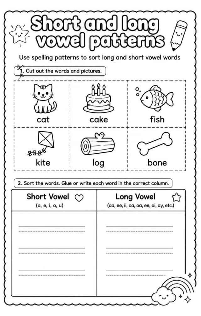 Use spelling patterns to sort long and short vowel words
