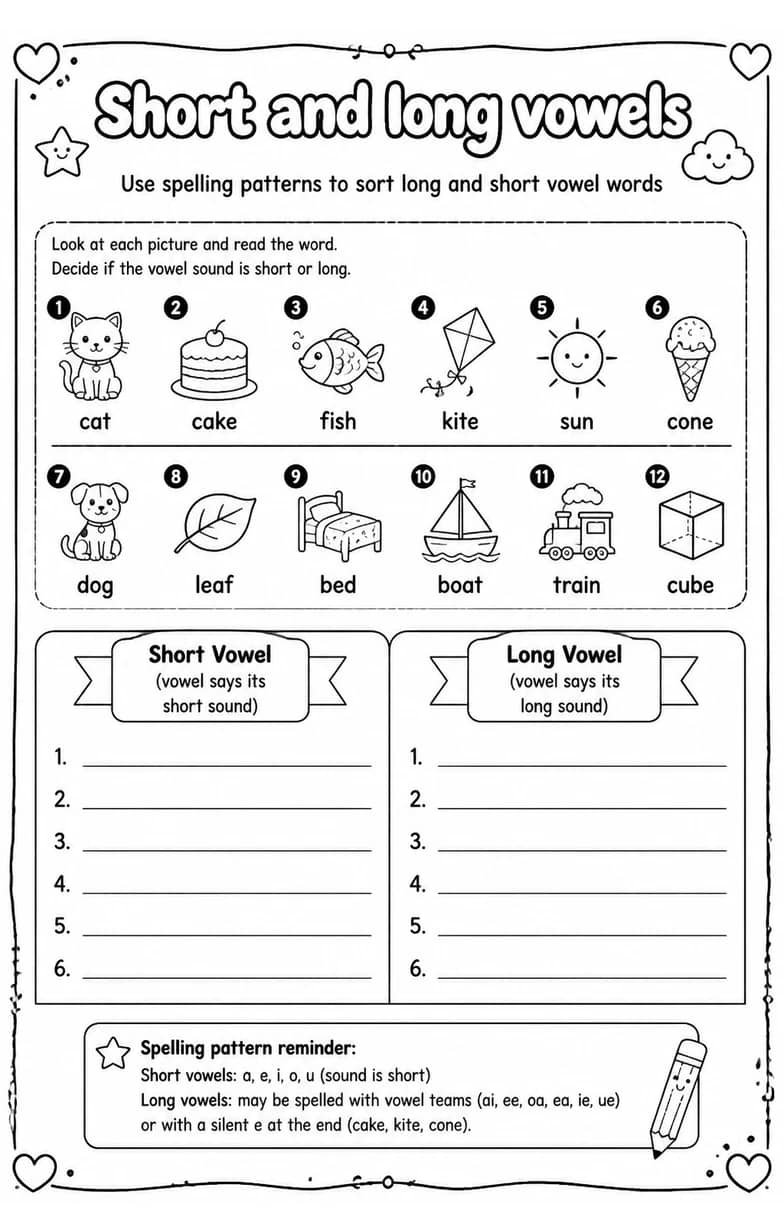 Use spelling patterns to sort long and short vowel words — free printable Reading foundations English worksheet
