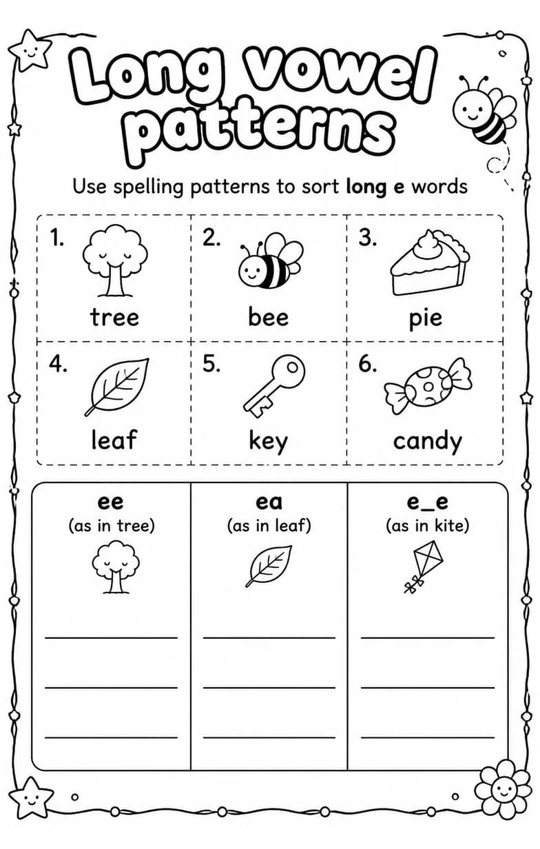 Use spelling patterns to sort long e words — free printable Reading foundations English worksheet