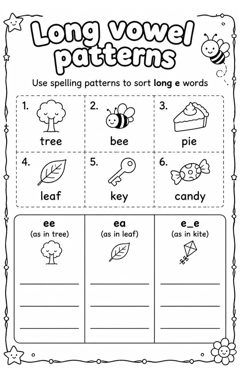 Use spelling patterns to sort long e words — free printable Grade 1 English & Reading worksheet