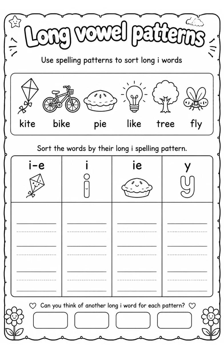 Use spelling patterns to sort long i words — free printable Reading foundations English worksheet