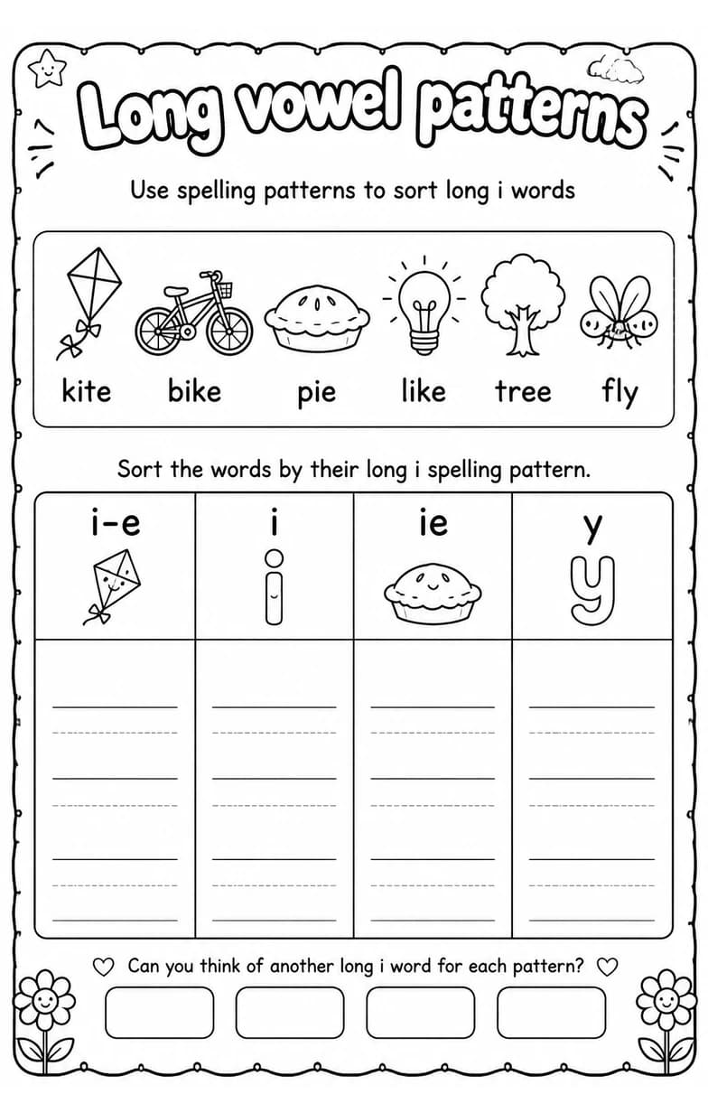 Use spelling patterns to sort long i words — free printable Reading foundations English worksheet