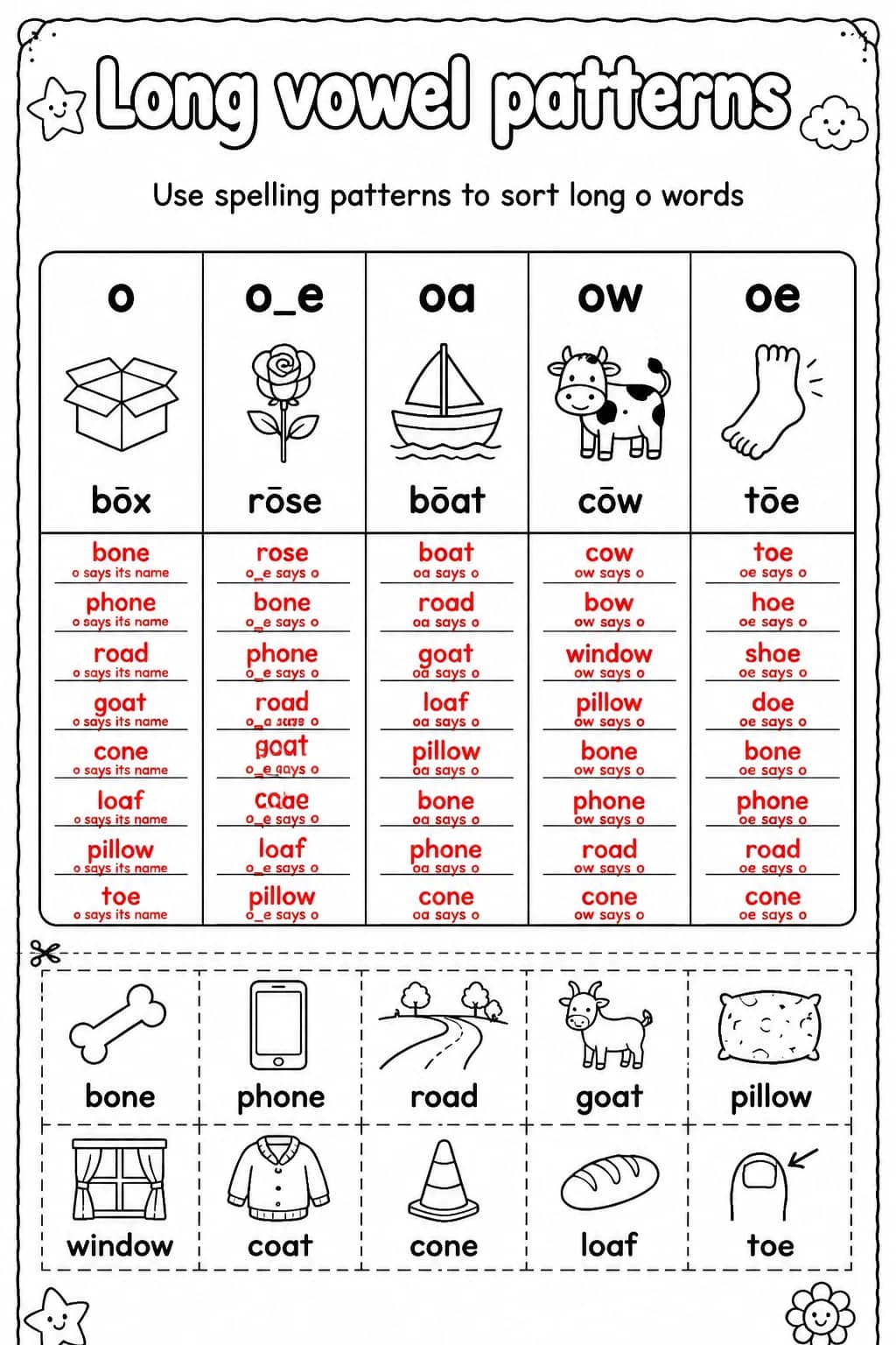 Answer key for Use spelling patterns to sort long o words — free printable English & Reading worksheet