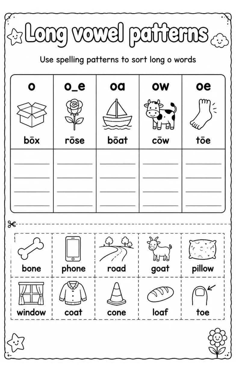 Use spelling patterns to sort long o words — free printable Grade 1 English & Reading worksheet