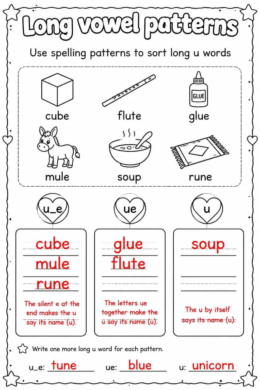 Answer key for Use spelling patterns to sort long u words — free printable English & Reading worksheet