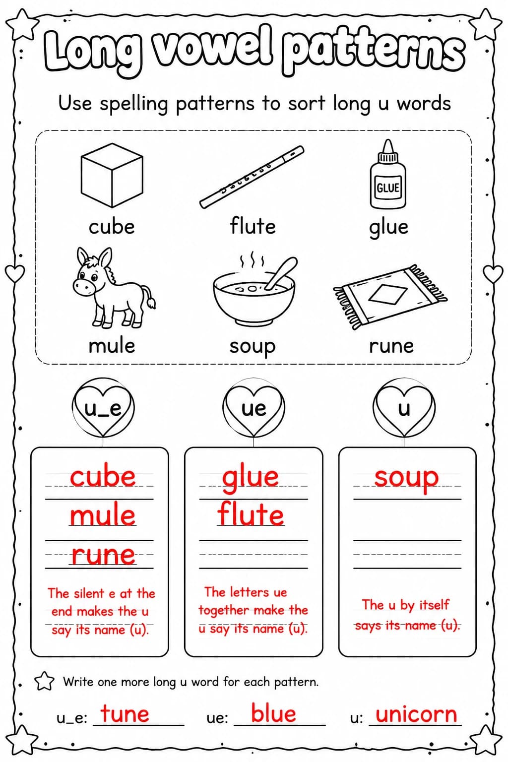 Answer key for Use spelling patterns to sort long u words — free printable English & Reading worksheet