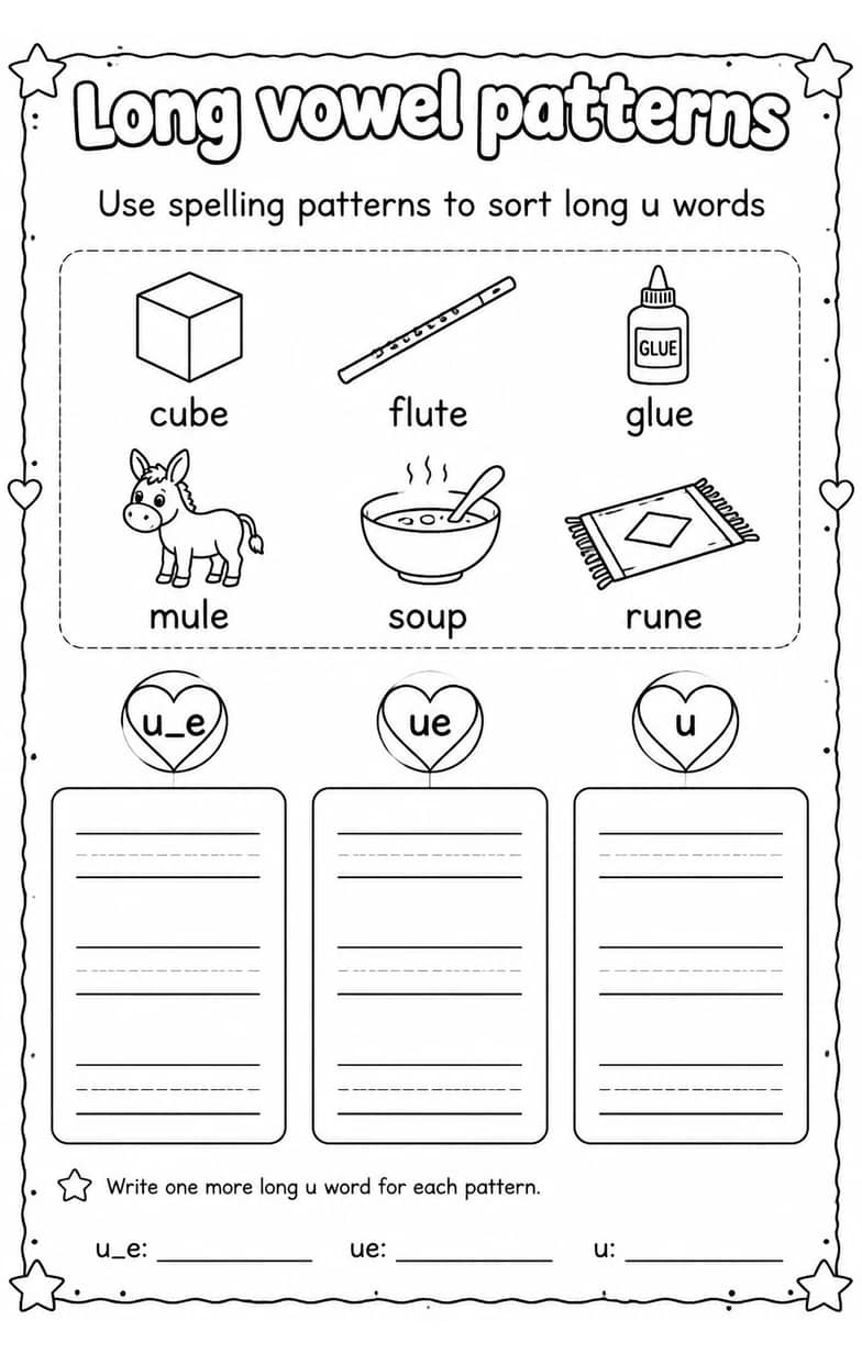 Use spelling patterns to sort long u words — free printable Reading foundations English worksheet
