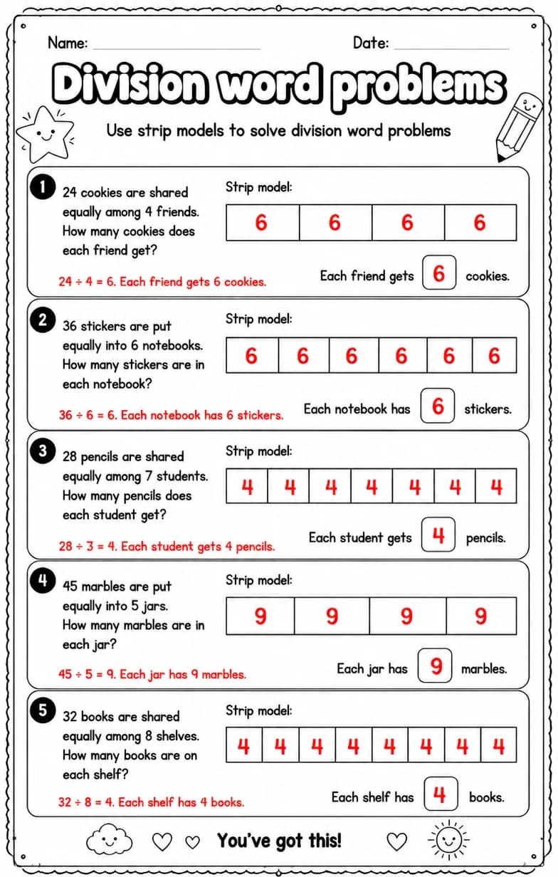 Answer key for Use strip models to solve division word problems — free printable Math worksheet