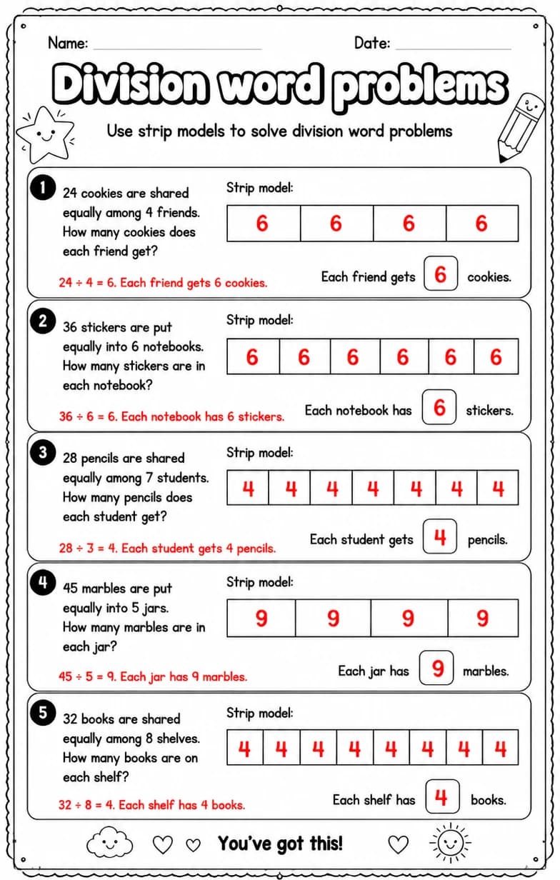 Answer key for Use strip models to solve division word problems — free printable Math worksheet