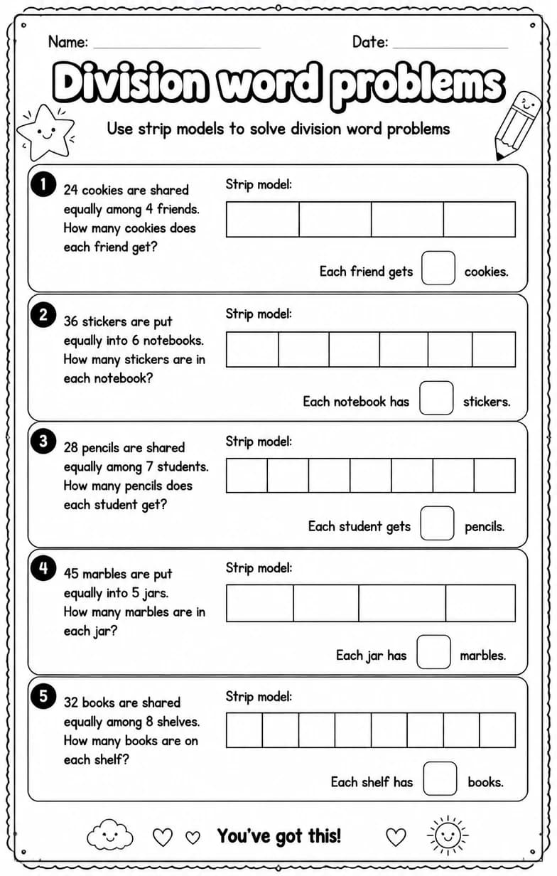 Use strip models to solve division word problems — free printable Grade 3 Math worksheet