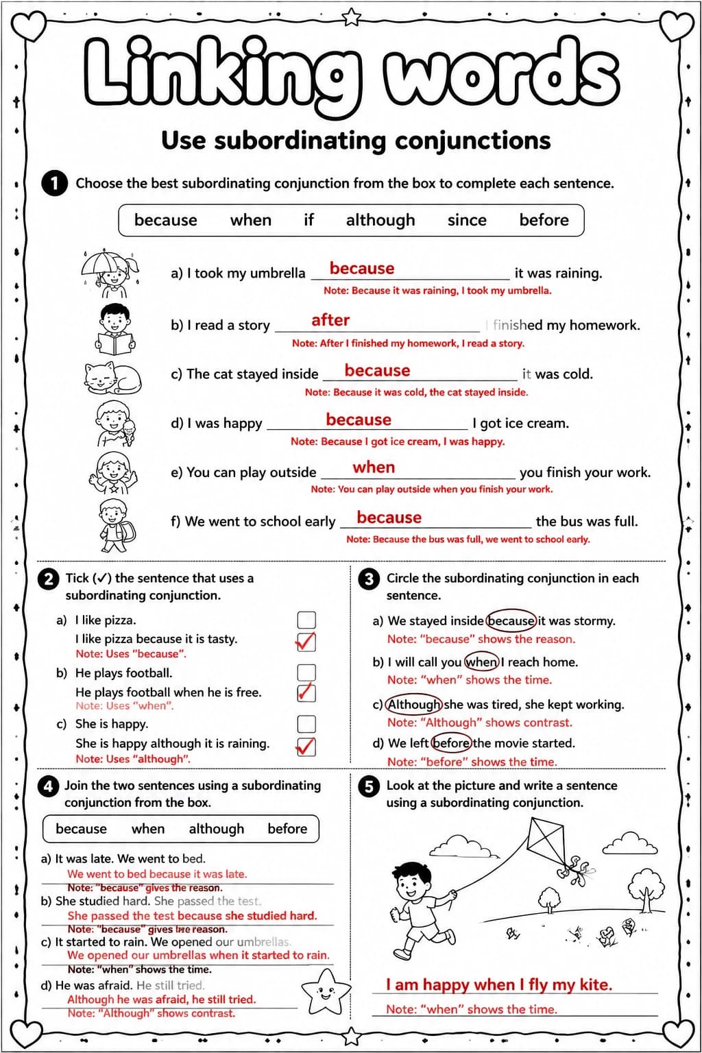 Answer key for Use subordinating conjunctions — free printable English & Reading worksheet