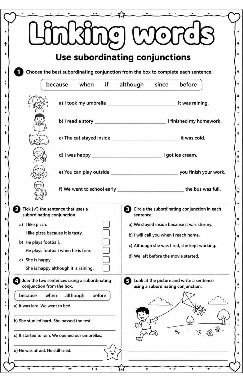 Use subordinating conjunctions — free printable Writing strategies English worksheet
