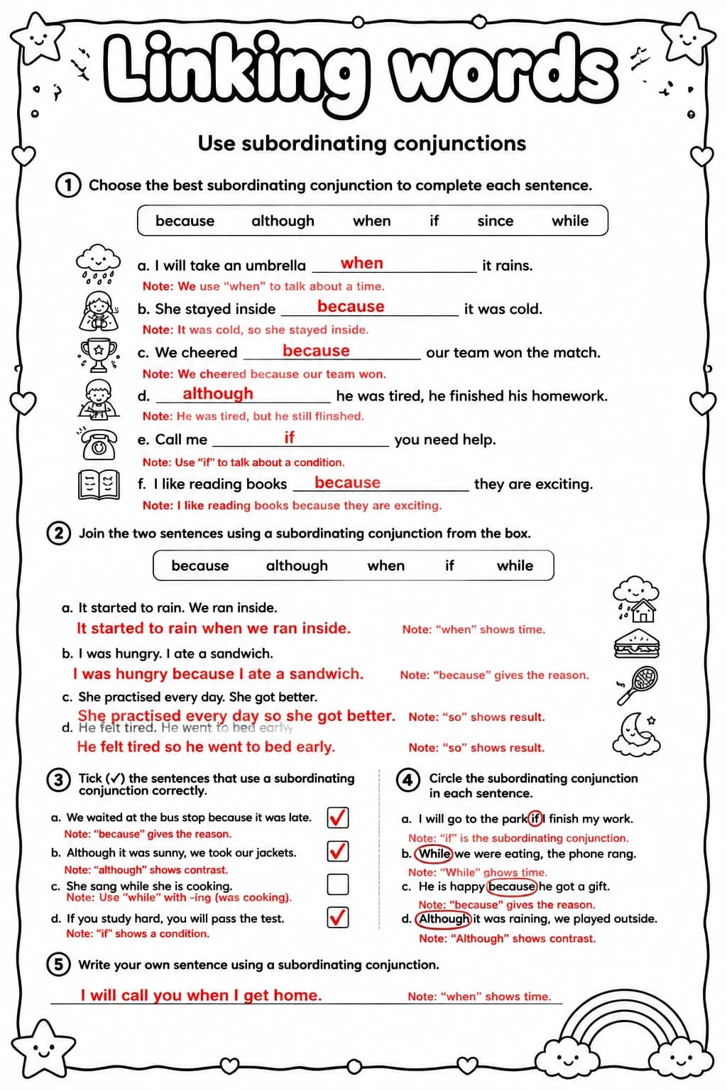Answer key for Use subordinating conjunctions — free printable English & Reading worksheet